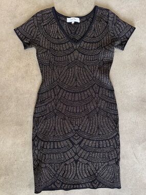 Chocolate Metallic Patterned V-Neck Mini Dress